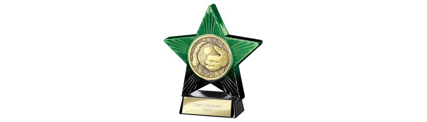 SUPERSTAR GREEN FOOTBALL GOALKEEPER RESIN TROPHY - 2 SIZES - 11CM & 14CM SUPERSTAR GREEN FOOTBALL GOALKEEPER RESIN TROPHY - 2 SIZES - 11CM & 14CM